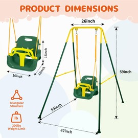 BYTAYA 3-in-1 Toddler Swing Set, Baby Swing Set with Foldable Metal Stand for Outdoor/Indoor Play, Safe and Durable Design for Aged 1-10 Years Old, Easy to Assemble & Store (Dark Green)