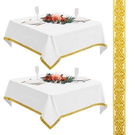 Set of 2 White Square Tablecloths 132 x 132 cm with Gold Thread Jacquard, Polyester Table Cover for Card Table Dishwasher Safe for Wedding Camping Buffet