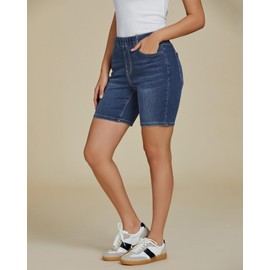 Luvamia Stretchy Jean Shorts - Women's Mid Rise Elastic Waist Jorts in Indigo Dark Blue Denim - Size X-Large (Fits Size 16/18)