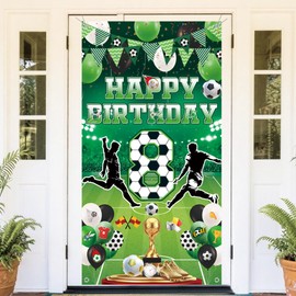 Football Decoration 8th Birthday Children's Banner - Happy Birthday Football Birthday Decoration, Green Large Photography Background for Boys Children's Birthday Indoor Outdoor Sports Party (180 x 90