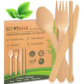 Bamboo Cutlery Set - Wooden Utensils for Eating - Disposable Wooden Cutlery set of 220 (80 Forks 70 Spoons 40 Knives 30 Straws) Bamboo Disposable Utensils - ECO Friendly Compostable Utensil for Party