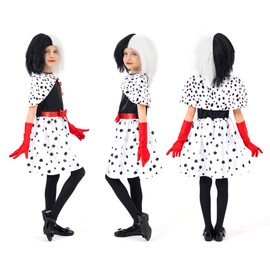 CosExpress Cruella Deville Costume for Kids Girls 5-6, 4 PCS Dalmatian Dress Up Black White Spotted Dress with Gloves Wig Shawl Outfit for World Book Day Kids Photo Shoot Carnival Party Fancy Dress