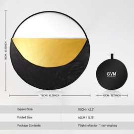 GVM 43 Inch/110cm Light Reflector, Photography Reflector 5 in 1 - White/Silver/Gold/Black/Translucent, Collapsible Photography Reflector with Bag for Studio Shooting, Outdoor Photography