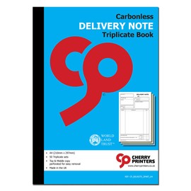Cherry Carbonless Delivery Note Triplicate Book A4 | 3 Part | 50 Sets | Proof of Delivery Log | Order Dispatch & Goods Receipt Pad | Perforated Top & Middle Copy | No Carbon Required