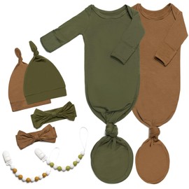 Noah Baby 2-Pack Luxurious Newborn Knotted Gown Set - Ultra-Soft Long Sleeve Gown for Baby with Hat, Headband & Pacifier Clip