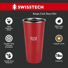 Swiss+Tech 16oz Stainless Steel Cups, 2 Pack Double Wall Pint Cup Glasses, Insulated Tumbler with Lid, Durable Cups(Red&White)