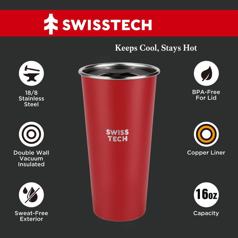 Swiss+Tech 16oz Stainless Steel Cups, 2 Pack Double Wall Pint