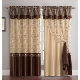 Fancy Collection Embroidery Curtain Set 1 Panel Drapes with Backing & Valance 55"x 63", Brown