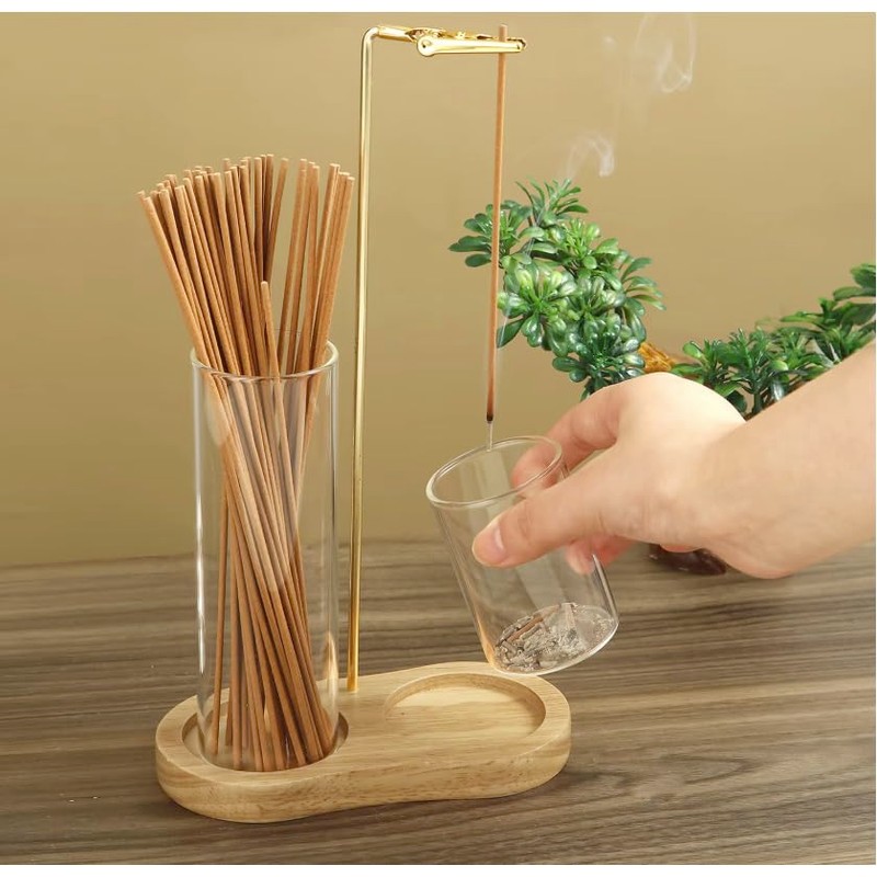 Modern Incense Holder with Glass Ash Catchers, Wooden Base, Glass