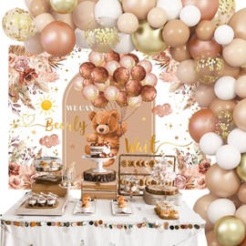 Mocsicka We Can Bearly Wait Backdrop 7x5ft Brown Boho Flowers Balloons Bearly Wait Baby Shower Decorations for Boys Girls Bear Baby Shower Background Banner