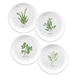 BUZZ SET OF 4 - Melamine WHITE GARDEN HERBS Side Plate - 21.5cm - SAGE, PARSLEY, DILL & THYME