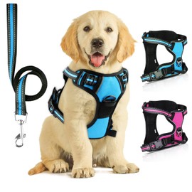SIBOTER Dog Harness with Dog Lead, Reflective Dog Harness for Large Dogs, with Easy Control Handle and Back, Perfect for Outdoor Walks (L, Blue)