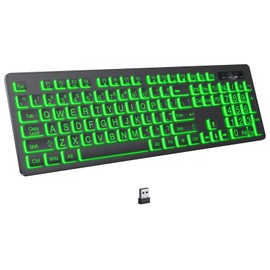 KOPJIPPOM Large Print Backlit Wireless Keyboard, 2.4G Silent Wireless Light Up Keyboard, Full Size Computer Keyboards with 7 Colored Backlits, Rechargeable Keyboards for Windows, PC, Laptop