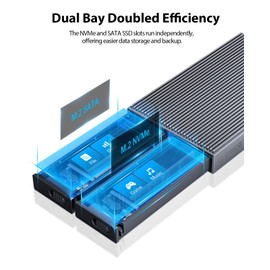 ORICO Dual-Bay M.2 NVMe SATA SSD Enclosure, USB C to M2 Adapter for M.2 M Key PCIe & B+M Key 2230/2242/2260/2280 SSDs, Tool-Free Aluminium M2 External Case Support Trim and UASP up to 2x4TB-BM2-2S