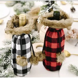 Unbranded Wine Bottle Gift Bags Plaid White Black Red Cover Sweater Cozy Cute Soft Fur Bag