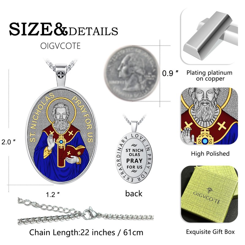 OigvcoTe St Nicholas Necklace Catholic Medal Pendant Enamel for Adults