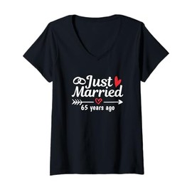 Womens Just Married 65 Years Ago Funny Couple Wedding Anniversary V-Neck T-Shirt