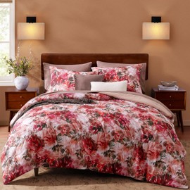 CASAAGUSTO Queen Comforter Set, 7 PCS Red Rose Floral Comforter Set with Flowers Leaves Pattern, Soft Seersucker Design All Season Queen Size Bedding Set(90"X90")