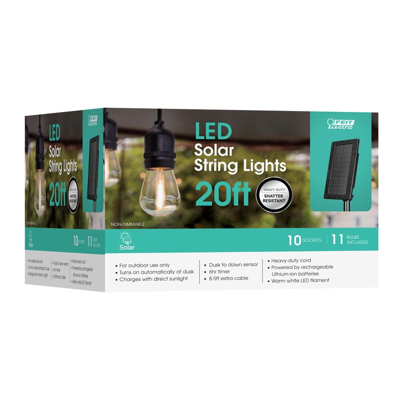 Feit Electric LED Solar Powered String Lights, Dusk-to-Dawn Sensor, 20ft