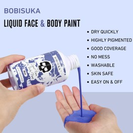 BOBISUKA Blue Face Body Paint Liquid Texture Washable Non Toxic Facepaint Fast Drying Foundation Makeup for Halloween Avatar Corpse Bride Smurf Cosplay SFX Costume Party Large Capacity(130ml)