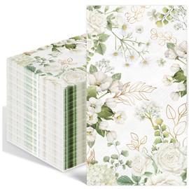 100PCS White Floral Paper Napkins 3 Ply Disposable Hand Towels for Bathroom Spring Flowers Guest Napkins Greenery Floral Dinner Napkins for Wedding Bridal Baby Shower Birthday Spring Tea Party