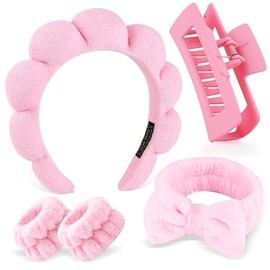 Zkptops Juego de 5 Diademas de Spa para Lavarse La Cara, con Esponja, Maquillaje, Cuidado de La Piel, Tela de Felpa, Diadema Suave con Burbujas, Pinzas para Cabello Grueso, Diadema Acolchada, Accesori