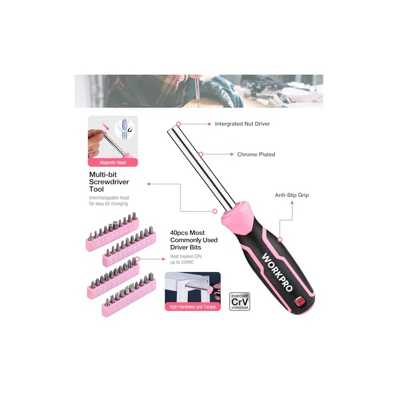 WORKPRO Pink Tool Set, 258 PCS Tool Kit for Women,