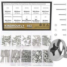 Kindroufly 562 Pieces M2 x 4/6 /8/10 /12/16 /20mm Phillips Pan Head Machine Screws Nuts Washers Assortment Kit, 304 Stainless Steel, Fully Machine Thread
