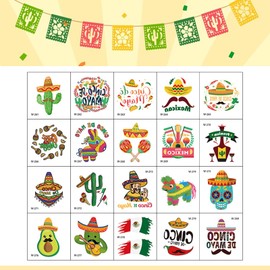 Glodecart 20PCS Cinco De Mayo Tattoos Temporary for Kid Women, Fake Mexican Fiesta Temporary Tats for Body Face Party Supplies Washable Non-Toxic Tattoos Cactus Sombrero Mexican Fiesta Tattoo Stickers