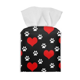 Annejudy Dog Paw Hearts Print Tissue Box Cover PU Leather Square Tissue Box Holder with Bottom Belt Valentine's Day Tissue Box Organizer for Home Car Hotel Office Restaurant