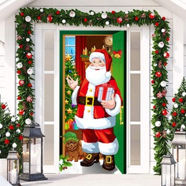 yikinb Christmas Door Cover Decorations, 73 x 36in Christmas Background, Wellcome Santa Claus Backdrop Photography Banner, Funny Christmas Decor for Indoor Outdoor Garden Door Table Wall Decoration