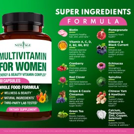 NEW AGE Multivitamin for Women - B-Complex, Whole Foods, Hair Support, Iron - All in1 Womens Multivitamin - Bioavailable & Gentle on Stomach - Made in USA - 60 Count