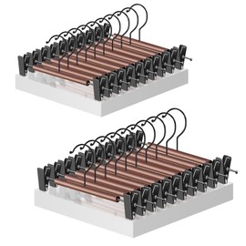 Jiang&Rong 20-Pack Wooden Hangers with Metal Clips - Adjustable Non-Slip Closet Organizers for Pants, Jeans, Skirts, Socks | Heavy-Duty Rustproof Hanger Set (Brown)