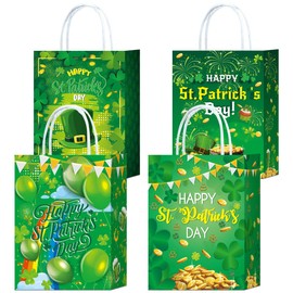 12 PCS Small St Patrick's Day Gift Bags With Handle,6 Designs Shamrock Paper Bags,Green Goody Bags,Treat Bags for St Patricks Day Presents Candies Cookie Snacks