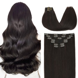 VINBAO Clip-In Real Hair Extensions, 140 g, 40 cm, Dark Brown Extensions, Clip-In Hair Extensions, Remy Real Hair, Invisible Clip-In Extensions, 7 Pieces, 16 Inches, #2
