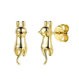 Full Cat Earrings 18K Gold Plated Sterling Silver Post Cute Kitty Stud Earrings for Women