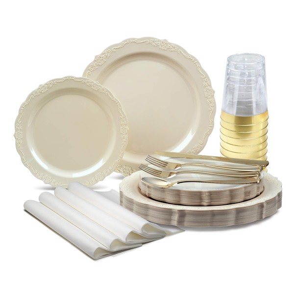 " OCCASIONS " 200 Pieces set (25 Guests)-Vintage Wedding Party Disposable Plastic Plates & cutlery -25 x 10'' + 25 x 7.5'' + Silverware + Cups + Napkins (Verona Plain Ivory)