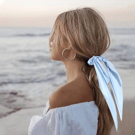 Pack of 2 Knotted Bow Hair Scrunchies Elastic Hair Scarf Black Hair Ties Bands Satin Hair Ribbon Scrunchy Red Ponytail Holder for Women and Girls (Light blue)