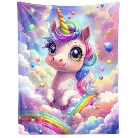 FEELJAM Children's Cuddly Blanket Unicorn for Girls, Flannel Children's Blanket, Sofa Blanket, Unicorn Blanket with Colourful Clouds, 130 x 150 cm
