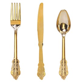 WDF WDF 300 Pieces Gold Plastic Silverware Disposable - Heavy Duty Plastic Cutlery - Gold Silverware Sets Includes 100 Forks, 100 Spoons, 100 Knives