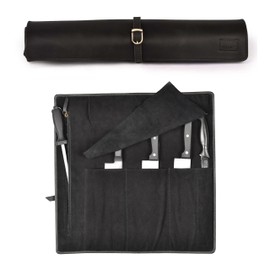 LEATHER VILLAGE Genuine Leather Knife Roll Bag – Professional Chef Carrying Case, Durable Sheath Holder, Cooks & Culinary Tools Organizer, Portable Travel Storage with 4 Slots & Zipper - Black