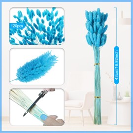 120 PCS Blue Dried Flowers, 17" Artificial Pampas Grass Bunny Tails Bouquet for Crafts, Natural Gem Grass Bundles with Stems for Vase, Boho Wedding, Baby Shower, DIY Floral Arrangement, Home Decor