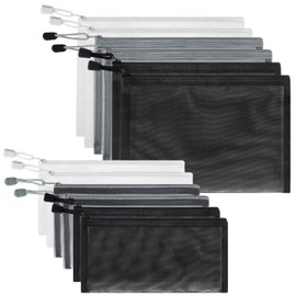 Sinzip 12 Pieces Zipper Nylon Mesh Pouch, Mesh Cosmetic Bags Makeup Bags Pencil Case, Multipurpose Travel Bags for Cosmetic School Office Supplies and Travel Accessories, Black,White,Grey, A5+B6, Nylon Mesh Pouch