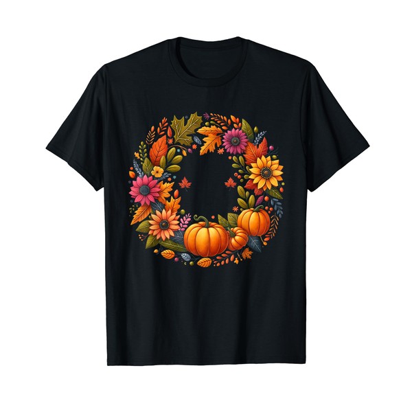 Festive Fall Autumn Floral Pumpkin Wreath Design T-Shirt