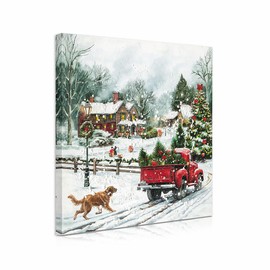ATELIYISHU Christmas Canvas Wall Art Golden Retriever and Cottage Christmas Tree Covered in Snow with Red Pickup Truck Painting Winter Scene Picture Painting for Living Room 12"×12"