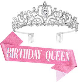 "Birthday Queen" Sash & Crystal Tiara Kit COCIDE Birthday Silver Tiara and Crowns for Women Birthday Sash for Girls Birthday Decorations Set Rhinestone Headband Hair Accessories Glitter Sash for Party