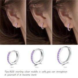 925 Sterling Silver Post Small Hoop Earrings Purple Cubic Zirconia Huggie Hoop Earrings,3 Pairs 14K White Gold Plated Cartilage Piercing Earrings Ear Cuff Tiny Hoop Earrings for Women Men 8mm 10mm 12mm, Brass, Cubic Zirconia