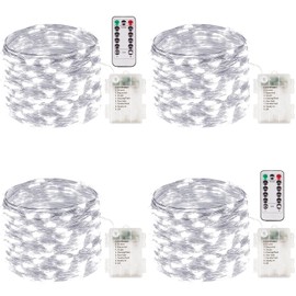 4-Pack 33FT 100 LED White Fairy Lights Battery Operated with Remote & Timer, Waterproof String Lights Outdoor Indoor Bedroom Decor, 8 Mode Twinkle Lights for Girl Room Xmas Party Wedding (Cool White)