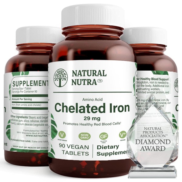 Natural Nutra Chelated Iron Supplement for Men and Women, Helps Maintain Healthy Red Blood Cells, Healthy Nails, Promotes Optimal Absorption, Skin Health, Improves Hair Growth, Gluten Free, 90 Tablets