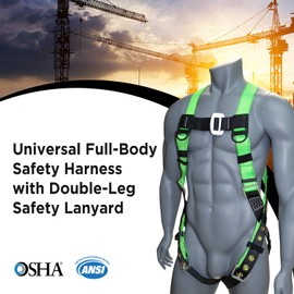 AFP Universal Full-Body Fall Protection Safety Harness w/ Dorsal D-Ring Tongue Buckle Legs Hi-Viz Green, Shock Absorbing Lanyard (OSHA/ANSI) (1 Pack, Harness + Double Leg Lanyard w/Snap & Rebar Hooks)